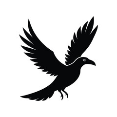 Silhouette of a majestic raven with wings spread isolated on white background