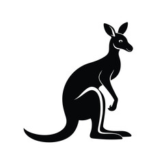 Black and white silhouette of a standing kangaroo isolated on a white background