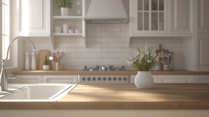 A white ceramic vase with wildflowers sits on a light-brown wooden countertop in a bright kitchen.