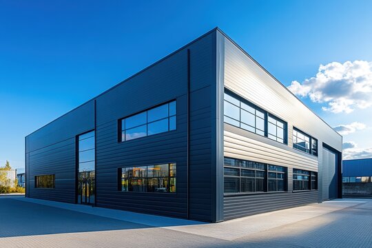Modern warehouse exterior on a sunny day in Europe, with blue sky and cumulus clouds, shows clean lines and metal siding during the daytime