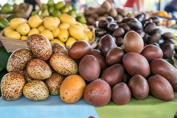 Obraz premium Fresh Sapodilla and other tropical fruits displayed at a vibrant farmers market