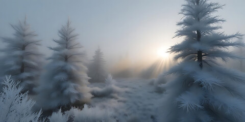 Misty Forest in Winter with Sunlight Breaking Through


