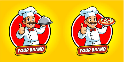 Dual Chef Mascot Logo Set with Tray and Pizza