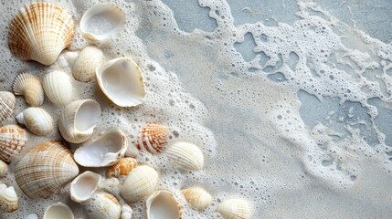 flat lay of ocean spray and shells on Hawaiian beach, blue-gray waves and cream-colored sand