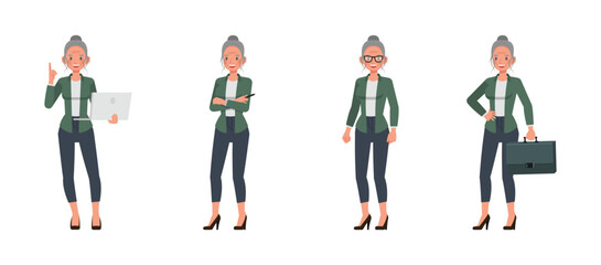 Obraz premium Business woman with white hair tied up wear green shirt character vector illustration design set. Women wearing glasses and holding laptop, briefcase.