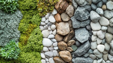 flat lay of pebbles, lichens, and moss in Appalachian trail, earthy textures in green, gray, and brown