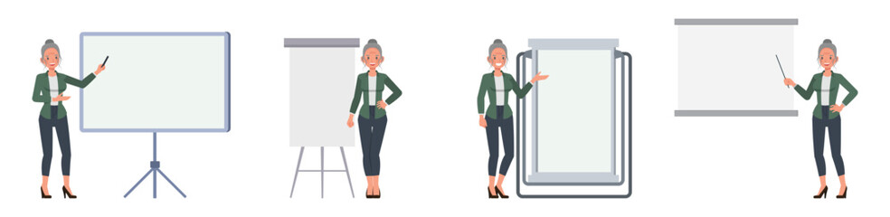 Business woman with white hair tied up wear green shirt character vector illustration design set. Women standing next to a whiteboard.