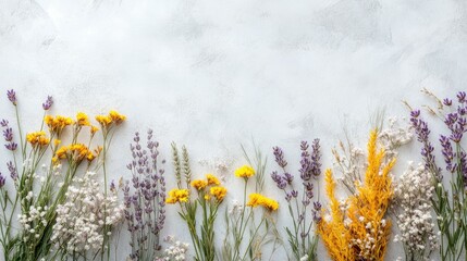 flat lay of prairie flowers and grasses in Great Plains, wild yellows, lavenders