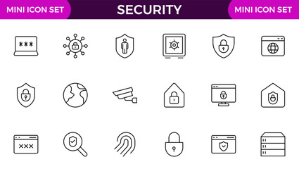 Set of Security web icons in line style. Guard, cyber security, password, smart home, safety, data protection, key, shield, lock, unlock, eye access. Security outline icon set.