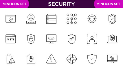 Set of Security web icons in line style. Guard, cyber security, password, smart home, safety, data protection, key, shield, lock, unlock, eye access. Security outline icon set.