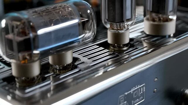 Vacuum tube amplifier showing electronic components, retro technology, and design elements highlighting audio equipment performance.