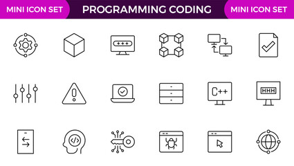 set of Programming coding web icons in line style. Software development icons for web and mobile app. Code, api, programmer, developer, information technology, coder and more.