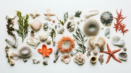Fototapeta premium flat lay of tide pool life in Oregon coast, sea anemones, kelp, and starfish