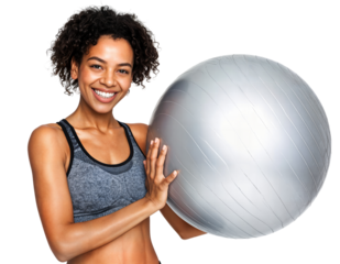 Woman in activewear with exercise ball isolated on white
