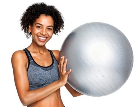 Woman in activewear with exercise ball isolated on white - Powered by Adobe