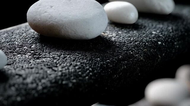 Close-up of smooth white pebbles arranged on dark textured rock surface against a black background, minimalistic Zen garden style concept.