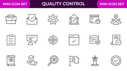 set of Quality Control line icon. Included the icons as inspect, QA, qualify, quality control, check, verify, and more.