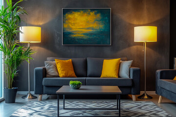 A contemporary living room interior features a sleek gray sofa, a minimalist coffee table, stylish floor lamps, wooden floors, and neutral-toned decor.