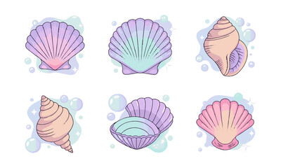 Design a set of magical pastel seashell illustrations in a modern vector style, easily editable and scalable