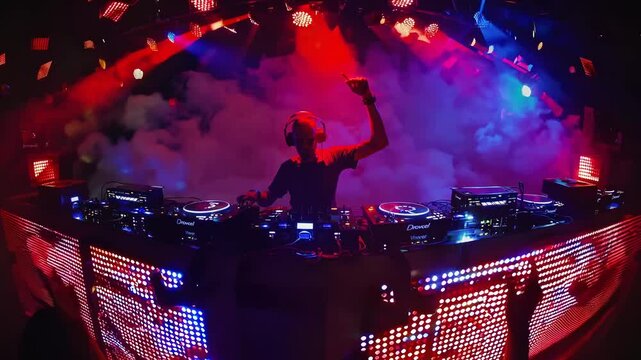 A DJ performs in a vibrant club with colorful lights and fog. Captured from a low-angle, this video conveys an energetic nightlife atmosphere.