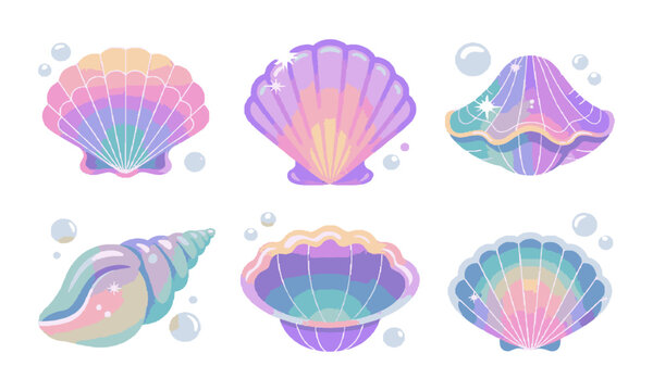 Design a set of magical pastel seashell illustrations in a modern vector style, easily editable and scalable