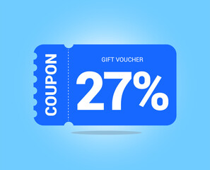 27% coupon promotion sale. Twenty seven percent Vector Gift Voucher. Blue discount, lucky ticket, special offer promo. Web, shopping label, percent sign. Special price offers.