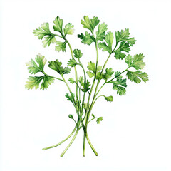 Watercolor botanical illustration of coriander (cilantro) with green leaves and stems, isolated on white background.&rdquo;