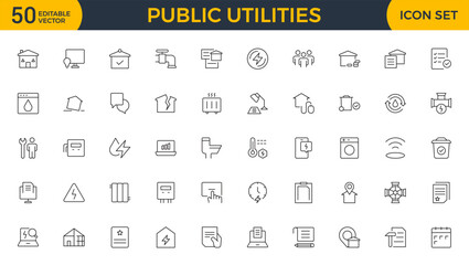Set of Public utilities web icons in outline style. Rent receipt, electricity, water, gas, garage, heating, Water, Fuel, Electricity, Solar House, Maintenance collection.