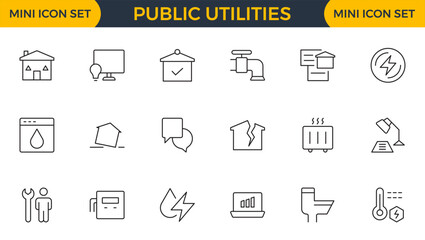 Set of Public utilities web icons in outline style. Rent receipt, electricity, water, gas, garage, heating, Water, Fuel, Electricity, Solar House, Maintenance collection.