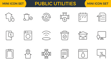 Set of Public utilities web icons in outline style. Rent receipt, electricity, water, gas, garage, heating, Water, Fuel, Electricity, Solar House, Maintenance collection.