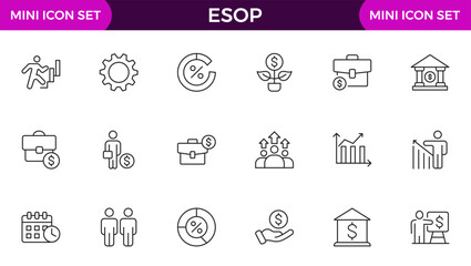 Set of Outline icons about ESOP employee stock ownership plan. Contains such icons as company, win-win, scheme and benefits.
