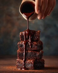 Hyperreal Food Photography of hands pouring rich chocolate sauce over stacked brownies, warm tones with macro detail of melting layers