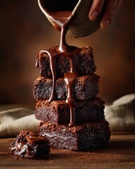 Hyperreal Food Photography of hands pouring rich chocolate sauce over stacked brownies, warm tones with macro detail of melting layers