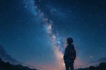 Obraz premium Young person gazing at the starry night sky with a backpack 
