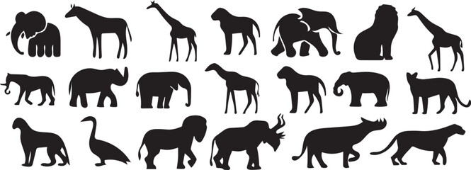 Wildlife Icons of African Savanna in Line Art Style