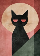 Obraz premium A stylized black cat sits serenely against a textured, geometric backdrop.
