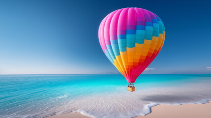 Fototapeta premium Bunter Heißluftballon schwebt majestätisch über Meer in Strandnähe bei Sonnenuntergang mit rosa-violettem Himmel