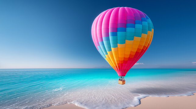 Bunter Hei&szlig;luftballon schwebt majest&auml;tisch &uuml;ber Meer in Strandn&auml;he bei Sonnenuntergang mit rosa-violettem Himmel