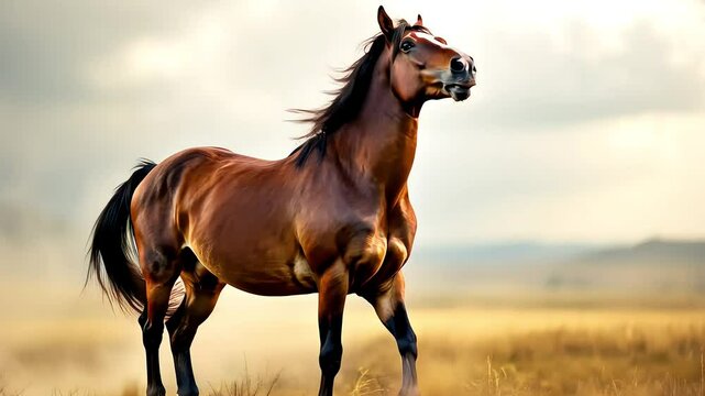 A horse  is slowly running and seeing something in fild
