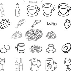 Hand drawn chalk food illustrations set. Drawings of wine, lobster, charcuterie, pizza, cheese, for wedding invitations, cafe menus and parties. La dolce vita italian sketch style.