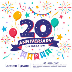20th years anniversary celebration emblem. congratulations anniversary logo isolated with balloons, bunting flag, ribbon, fireworks and stars. vector illustration template design