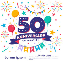 50th years anniversary celebration emblem. congratulations anniversary logo isolated with balloons, bunting flag, ribbon, fireworks and stars. vector illustration template design