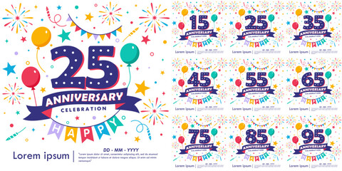 Set of 15-95th years anniversary celebration emblem. congratulations anniversary logo isolated with balloons, bunting flag, ribbon, fireworks and stars. vector illustration template design