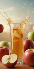 Juice Splashing from a Glass with Apple Slices Surrounded by Fresh Apples