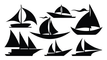  black sailboat vector icons  various sailing boat silhouettes in different designs and angles on white background. 