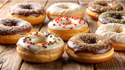 Close-up of colorful assorted donuts with various toppings, ideal for dessert lovers and bakery ads.