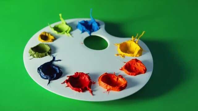 Close up of a white artist palette with dabs of colorful paint on a green background green screen video