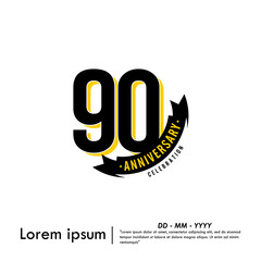 90th years anniversary celebration emblem. congratulations anniversary logo isolated with ribbon on white background. vector illustration template design for web, flyers, poster, greeting 