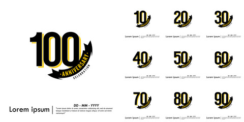 Set of 10-100th years anniversary celebration emblem. congratulations anniversary logo isolated with ribbon on white background. vector illustration template design for web