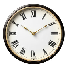 A clock with roman numerals on a white face with gold hands and a dark brown frame on a black background